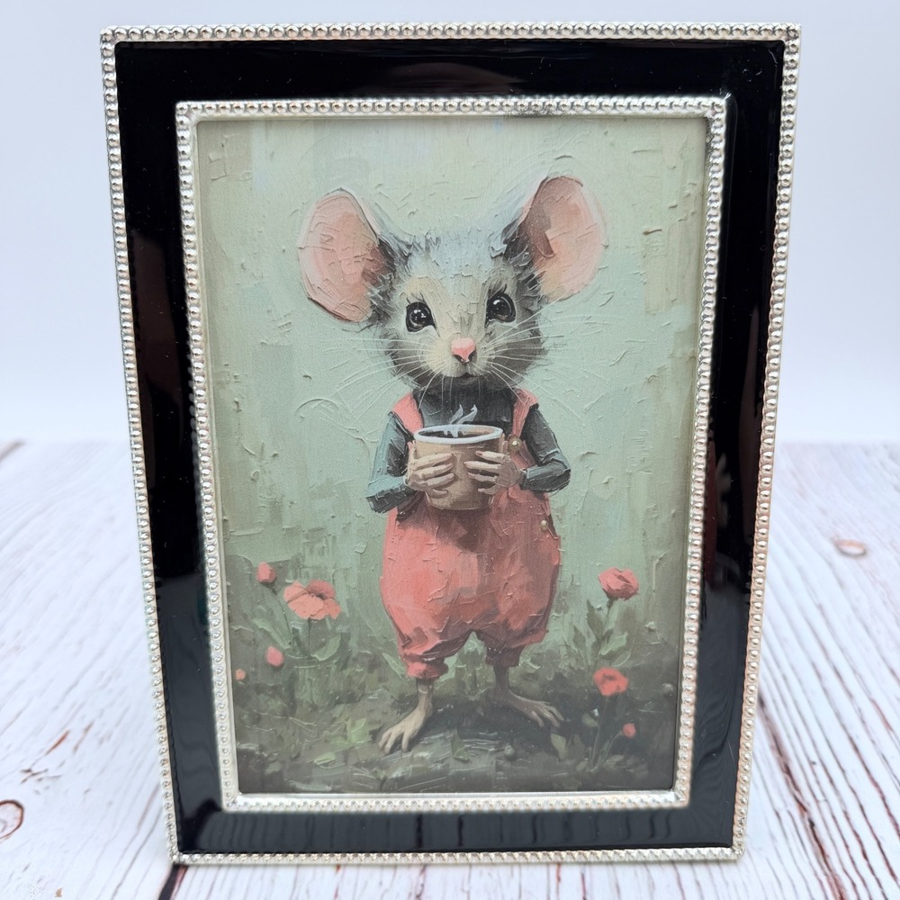 Original Mouse with Coffee Painting in Black Enamel Silver Beaded Frame 5x7